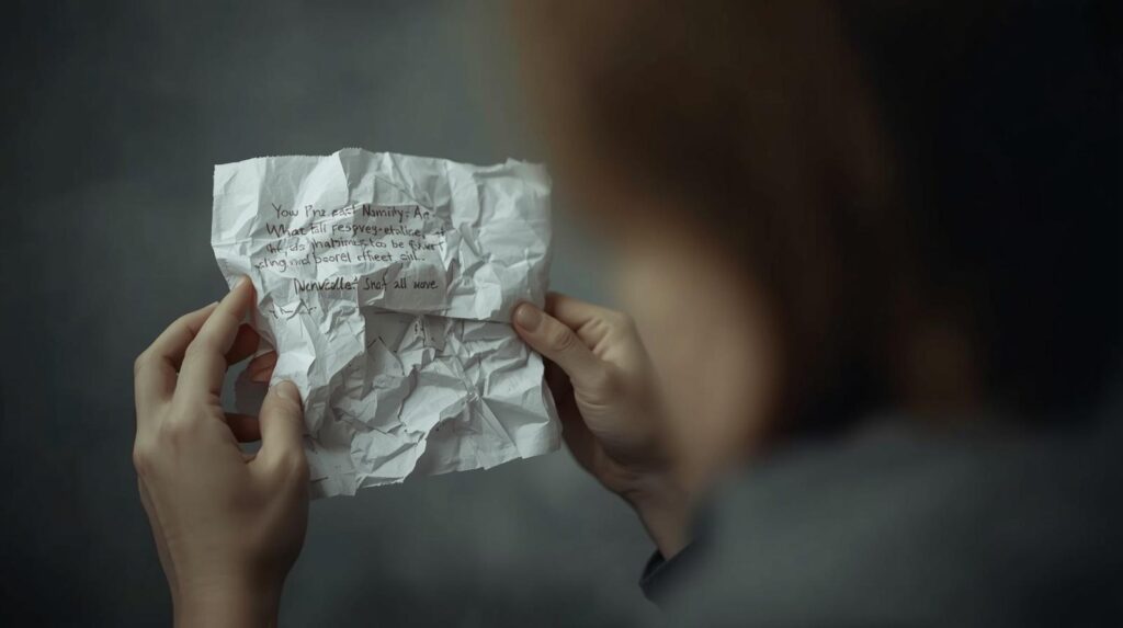 Oseba drži zmečkan list papirja z zapisanimi mislimi.