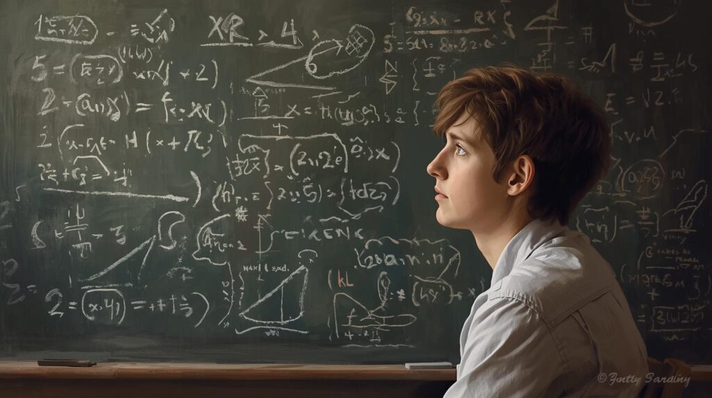 Oseba razmišlja pred tablo, polno matematičnih zapisov.