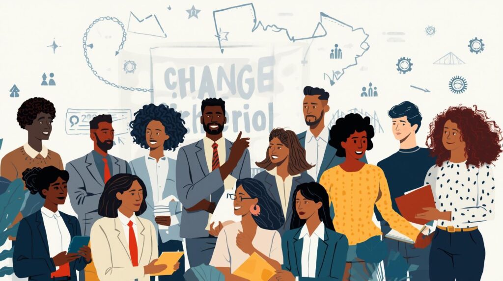 Raznolika skupina ljudi sodeluje in razpravlja o spremembah ter novih pristopih.