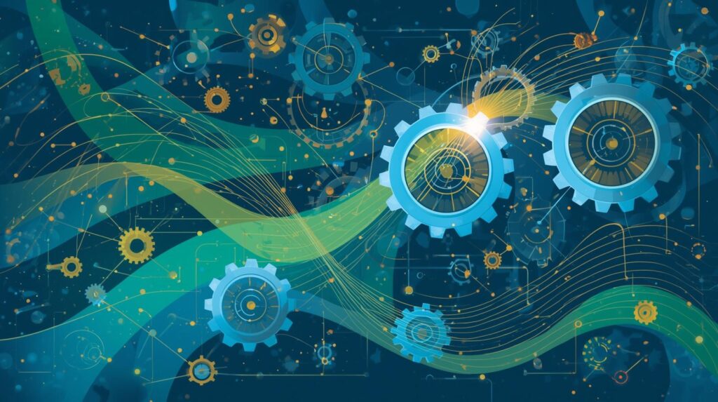 Abstraktna ilustracija zobnikov in povezanih linij, ki simbolizirajo delovanje organizacije.