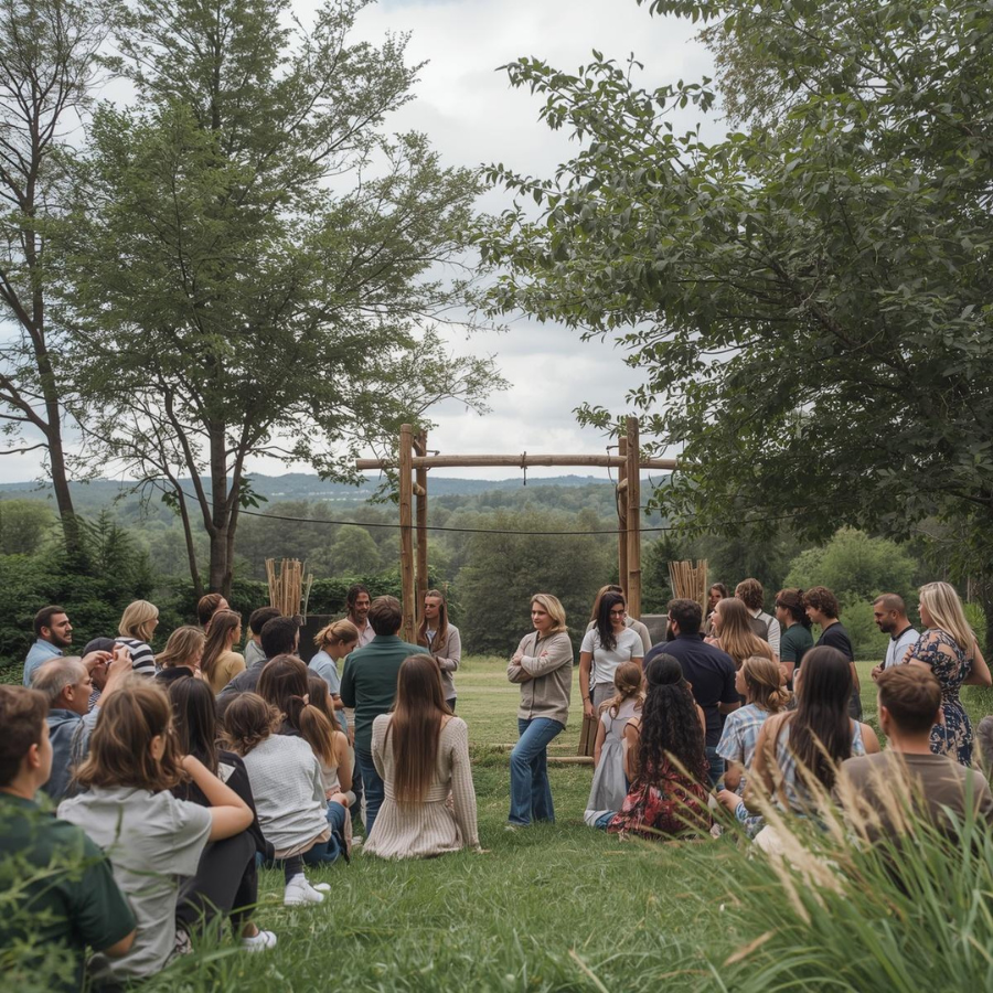 Skupina ljudi sedi na travi in posluša osebo, ki govori na prostem v naravi.