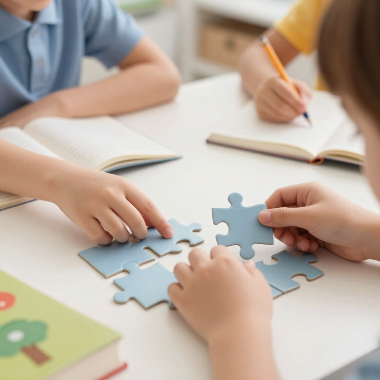 Otroci sestavljajo sestavljanko na mizi med učenjem.