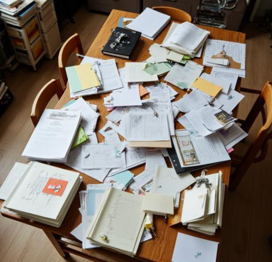 Razmetani dokumenti, zapiski in knjige na mizi, ki ponazarjajo nepreglednost in razpršenost dela.