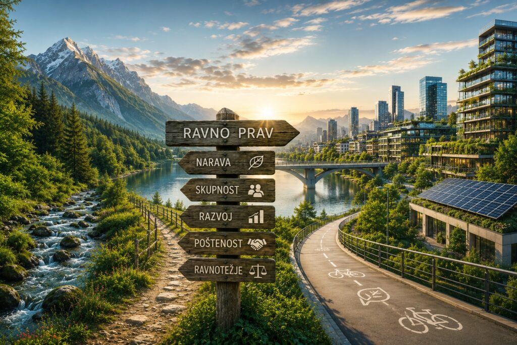 Lesen kažipot z napisom »Ravno prav« povezuje naravo, skupnost, razvoj, poštenost in ravnotežje ob sodobnem trajnostnem mestu v ozadju.